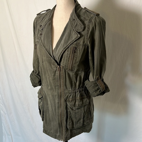 Camaïeu Green Jacket Blazer Adjustable Waist Zipper Pockets Military Style - Picture 1 of 16